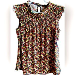 Adrianna Papell Women Small Floral Round Neckline Keyhole Button Flutter Sleeve